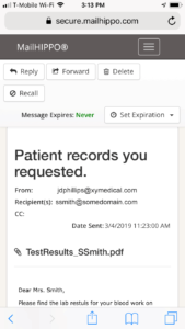 Viewing an encrypted HIPAA compliant email message with MailHippo using a mobile device.