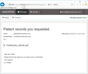 Viewing a secure encrypted email with attachments on the MailHippo HIPAA compliant email platform.