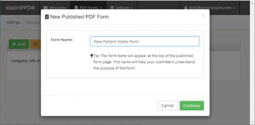 Screen: Add new published PDF form