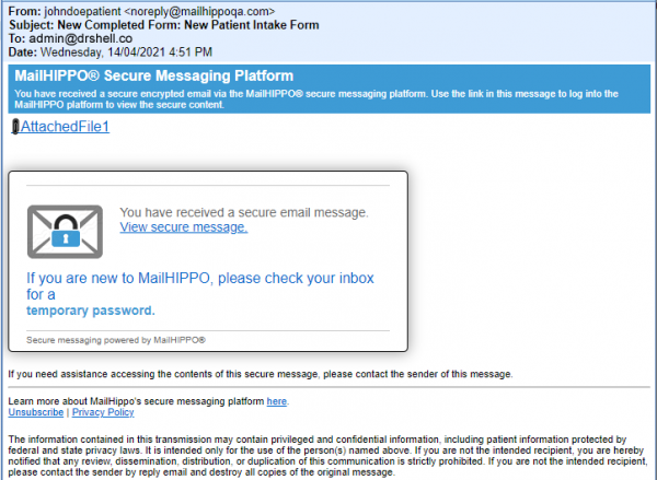 HIPAA Compliant email notification of inbound message.